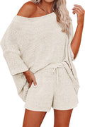 Womens 2 Piece Outfits Sweater Sets off Shoulder Knit Tops Waist Short Suits Casual Pajama Set