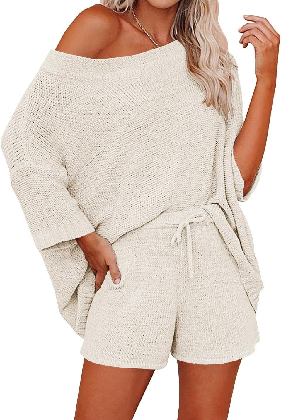 Womens 2 Piece Outfits Sweater Sets off Shoulder Knit Tops Waist Short Suits Casual Pajama Set