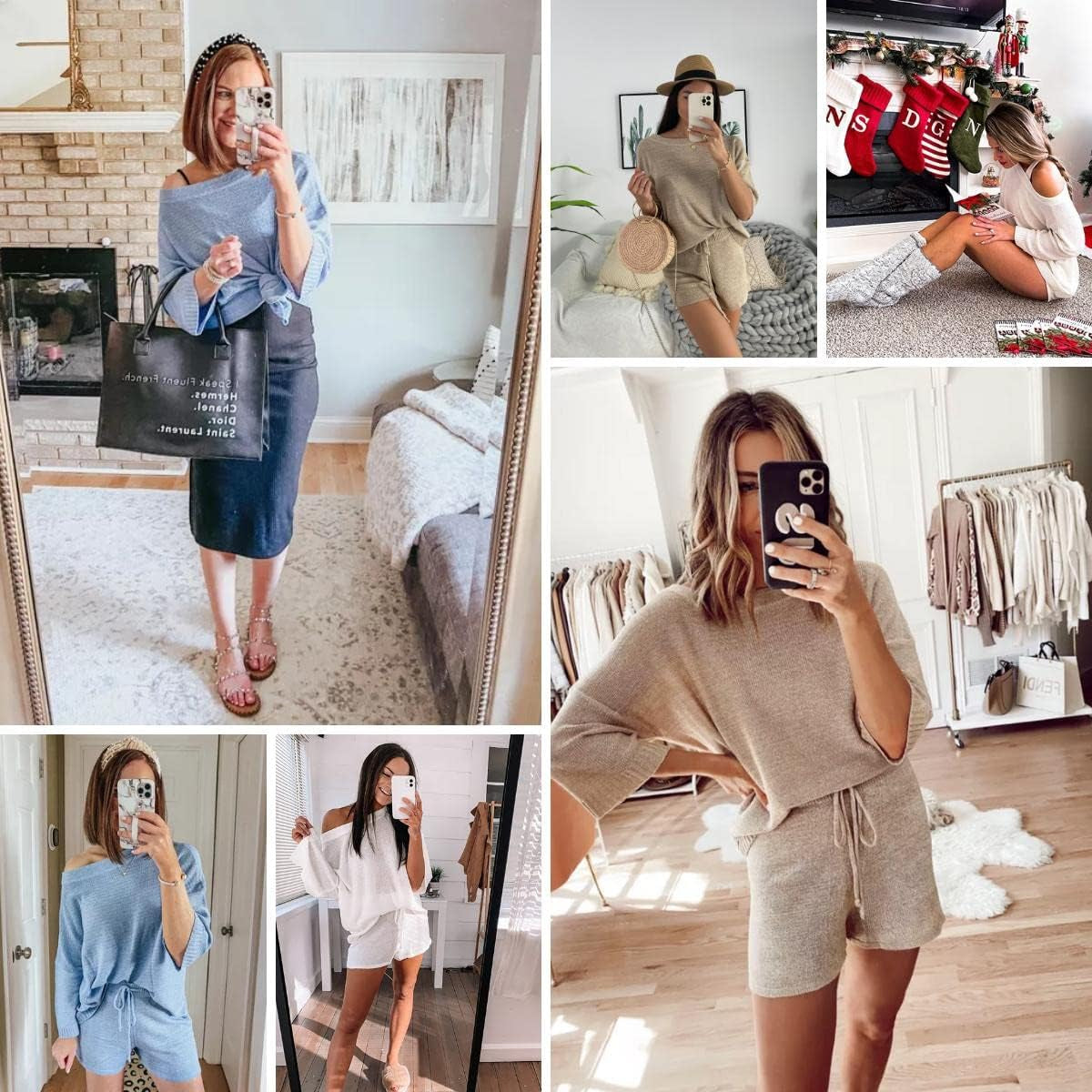 Womens 2 Piece Outfits Sweater Sets off Shoulder Knit Tops Waist Short Suits Casual Pajama Set