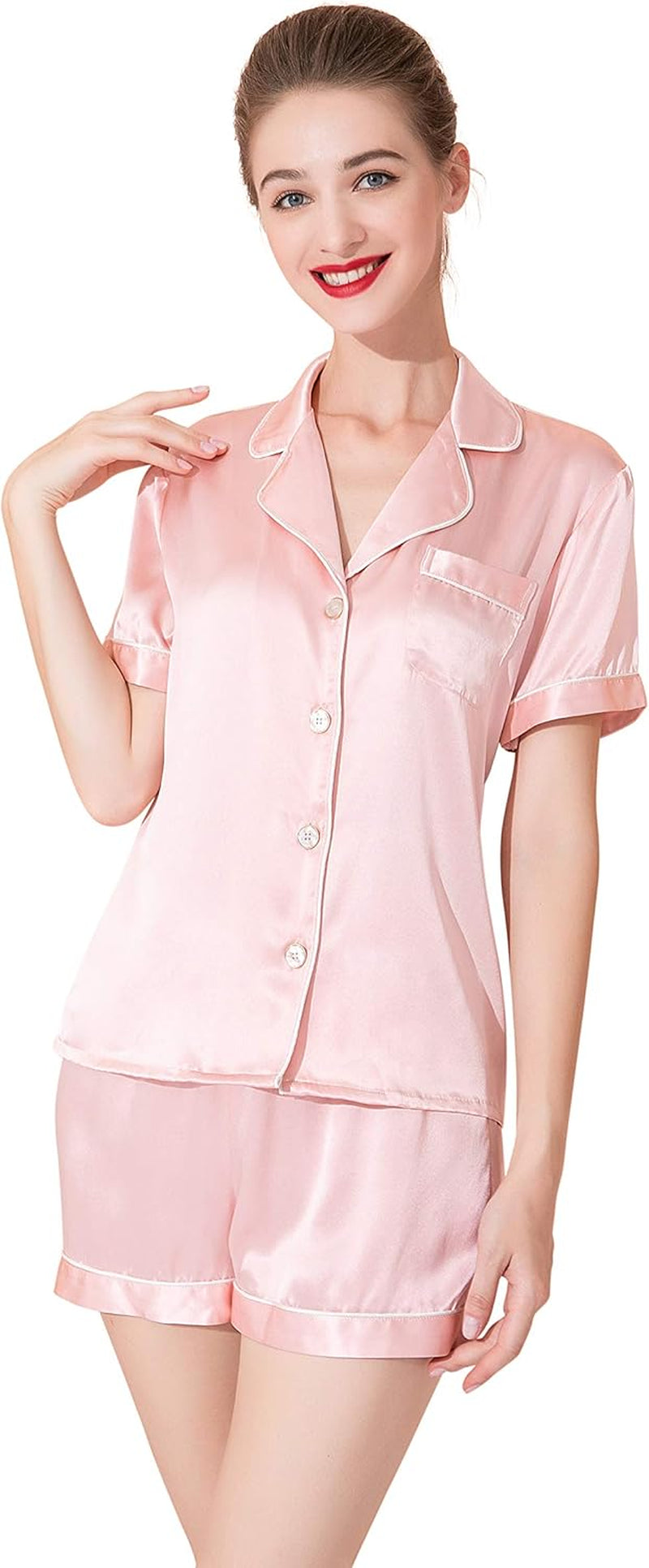 100% Mulberry Silk Pajama Set (Pink, S)