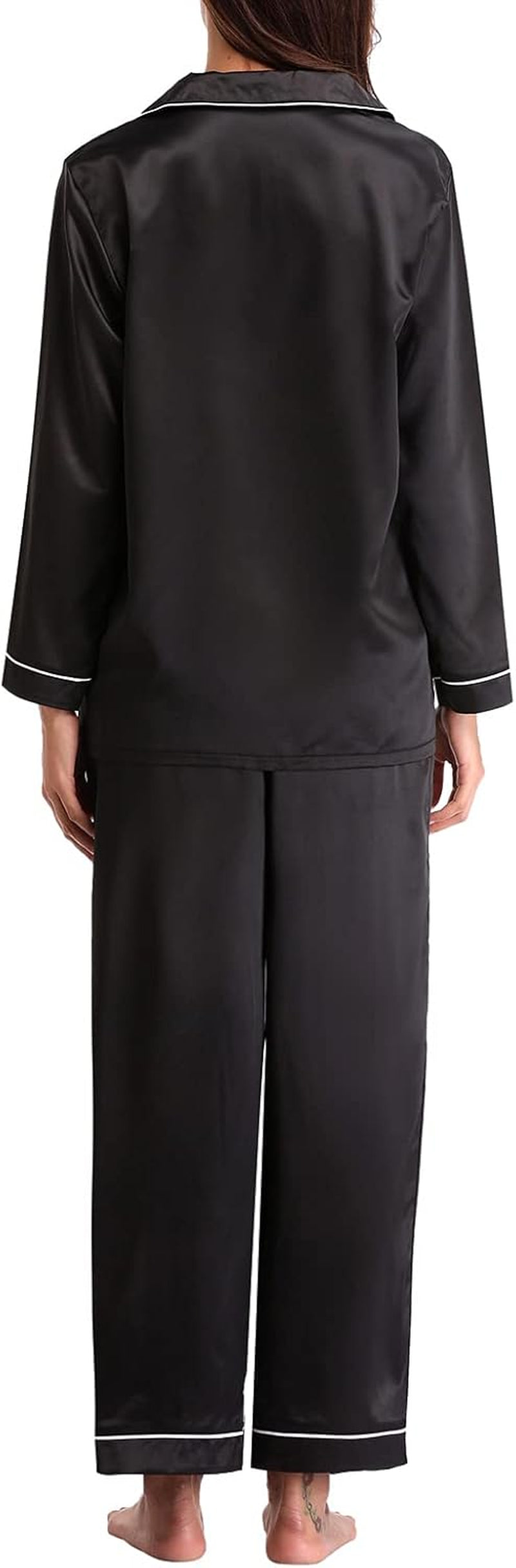 Women'S 2 Piece Silk Pajamas Long Sleeve Button down Tops and Pants Set Sleepwear Satin Pjs Lounge Set Soft Nightwear Black