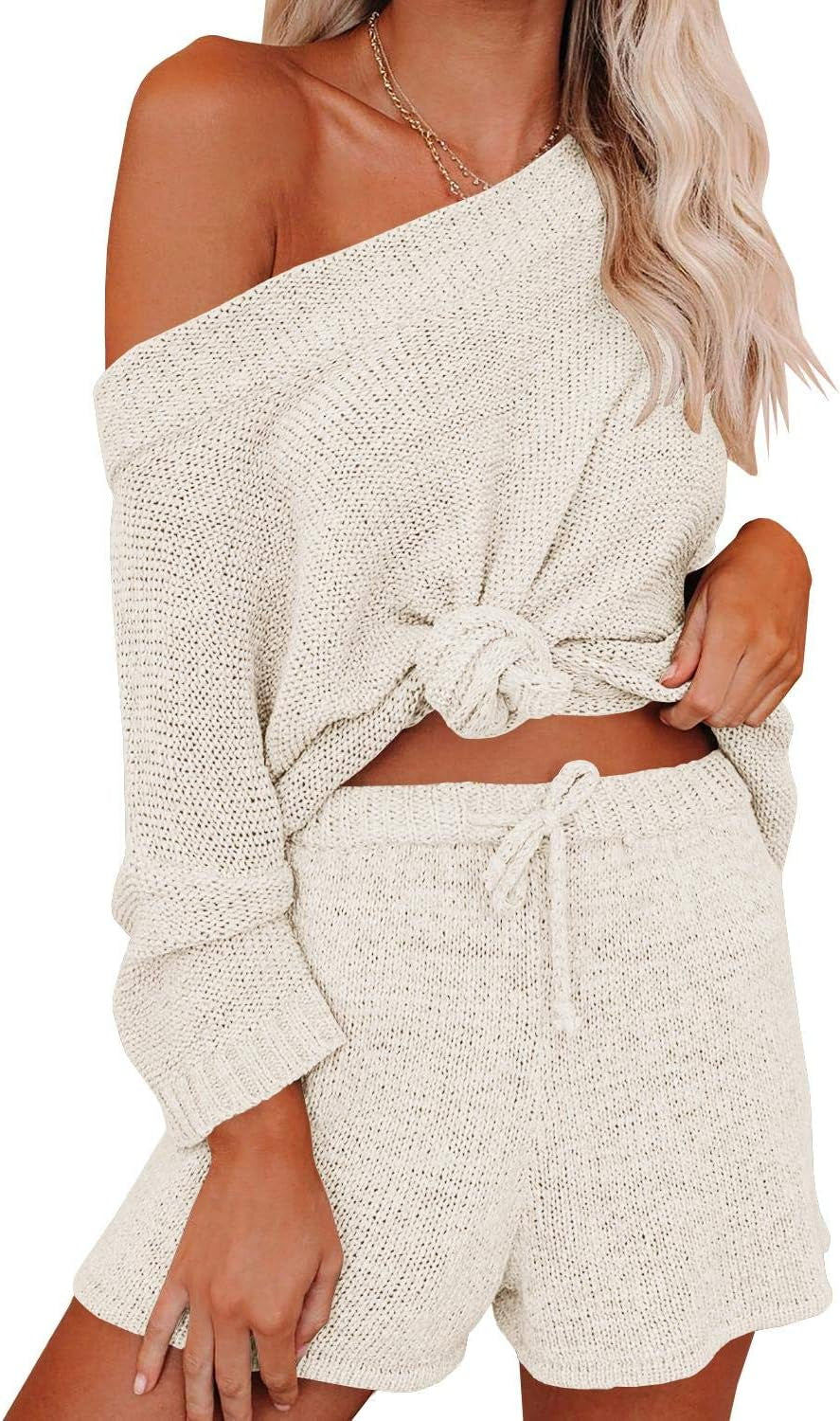 Womens 2 Piece Outfits Sweater Sets off Shoulder Knit Tops Waist Short Suits Casual Pajama Set