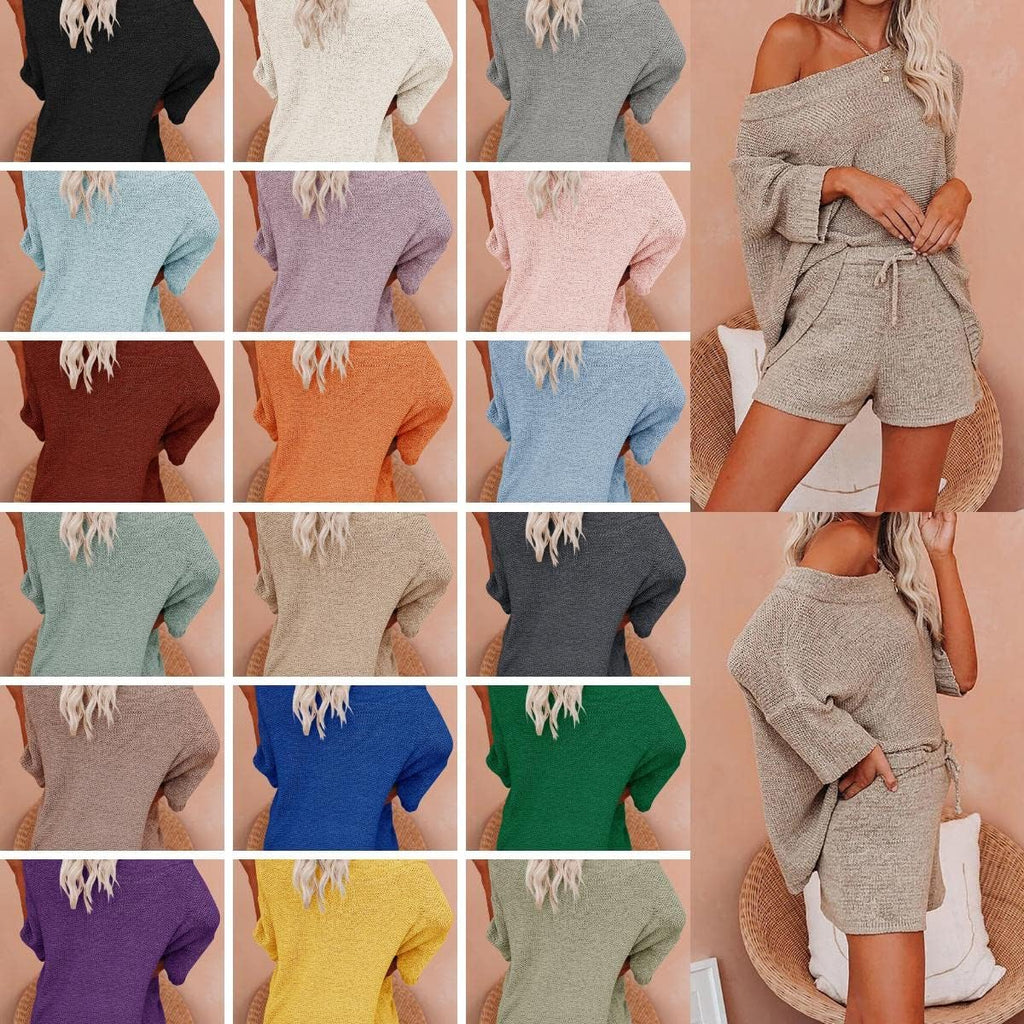 Womens 2 Piece Outfits Sweater Sets off Shoulder Knit Tops Waist Short Suits Casual Pajama Set