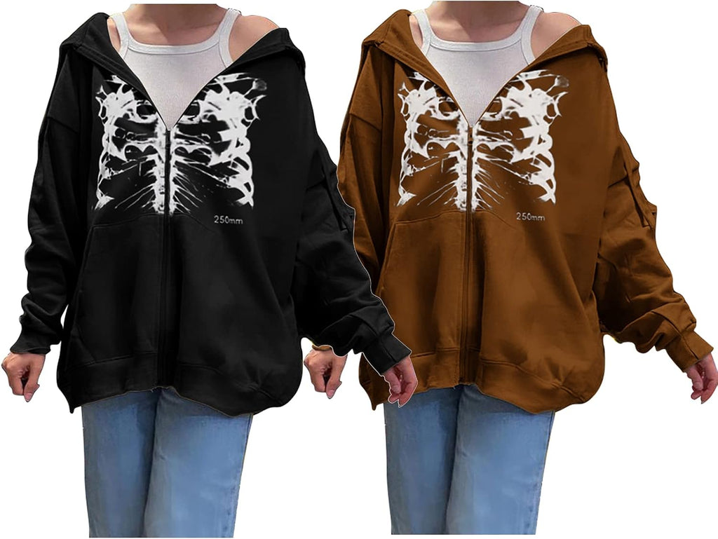 Women Oversized Graphic Print Hoodie Long Sleeve Zip up Casual Coat Jacket Hip Hop Y2K E-Girl Streetwear