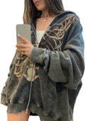 Women Man Goth Hoodie Sweatshirts Y2K Aesthetic Zip up Jacket 90S Long Sleeve Graphic Coat Couple Top Streetwear (Grey Skull, S)
