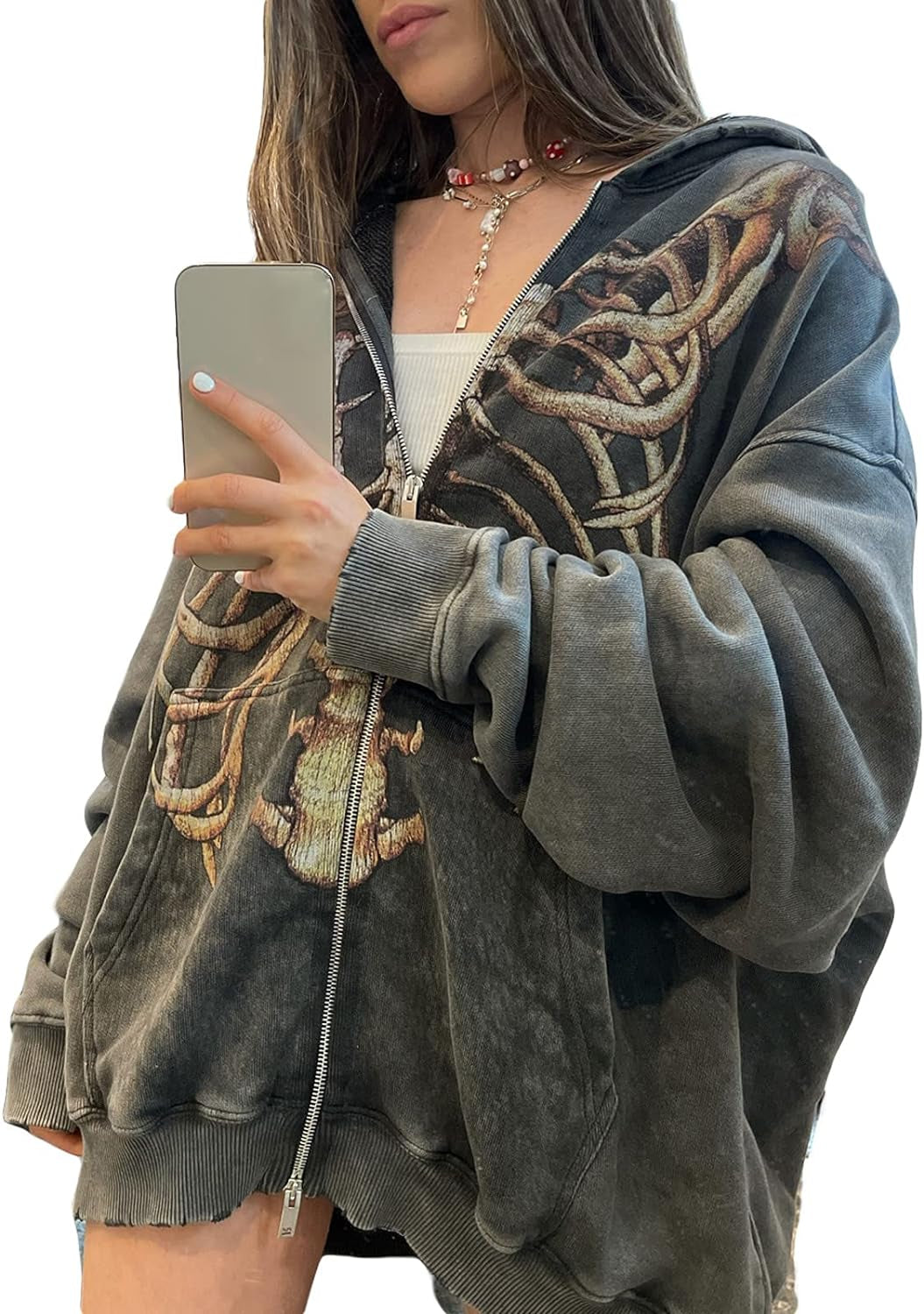 Women Man Goth Hoodie Sweatshirts Y2K Aesthetic Zip up Jacket 90S Long Sleeve Graphic Coat Couple Top Streetwear (Grey Skull, S)