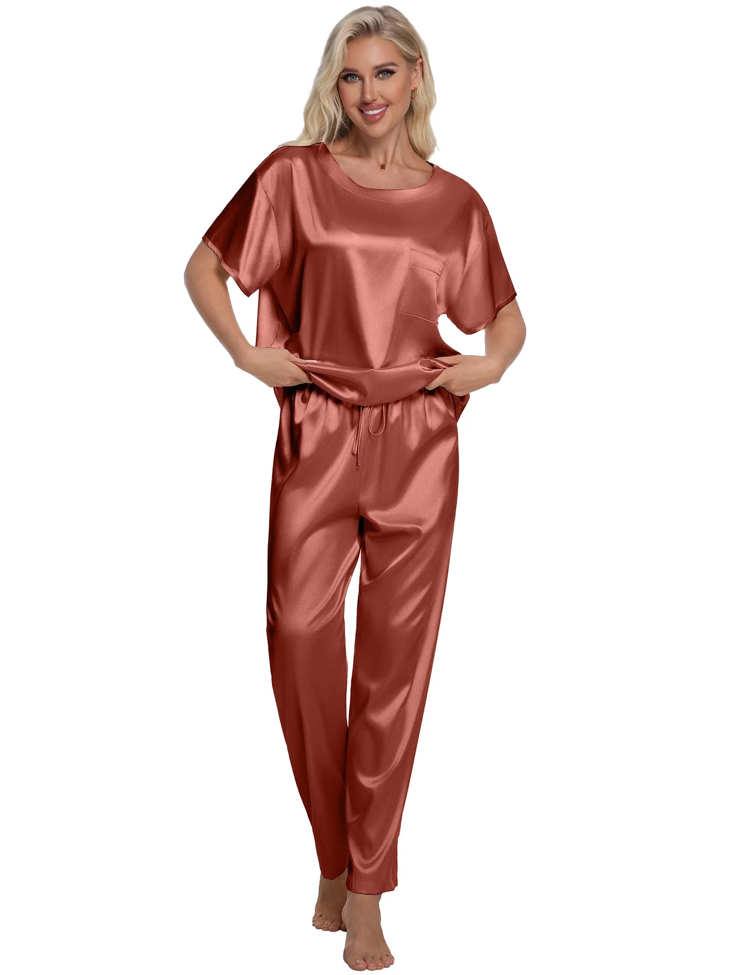 Womens Silk Satin Pajama Set Short Sleeve Shirt with Long Pajamas Pant Set Two-Piece Pj Sets Soft Sleepwear Loungewear Nightwear Pjs S-XL, Caramel, XXL