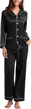 Women'S 2 Piece Silk Pajamas Long Sleeve Button down Tops and Pants Set Sleepwear Satin Pjs Lounge Set Soft Nightwear Black
