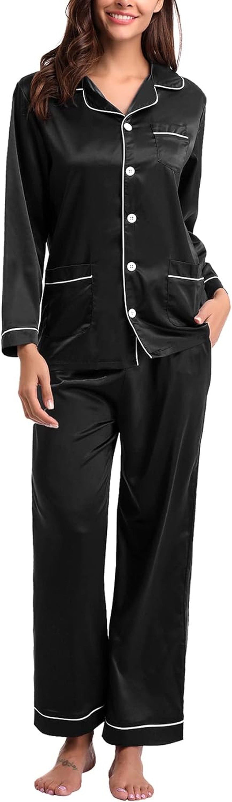 Women'S 2 Piece Silk Pajamas Long Sleeve Button down Tops and Pants Set Sleepwear Satin Pjs Lounge Set Soft Nightwear Black