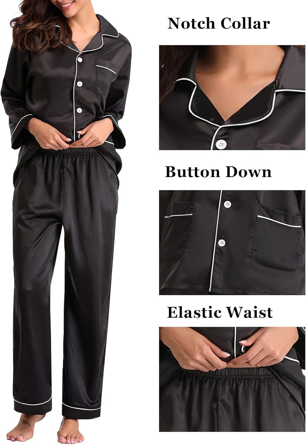 Women'S 2 Piece Silk Pajamas Long Sleeve Button down Tops and Pants Set Sleepwear Satin Pjs Lounge Set Soft Nightwear Black